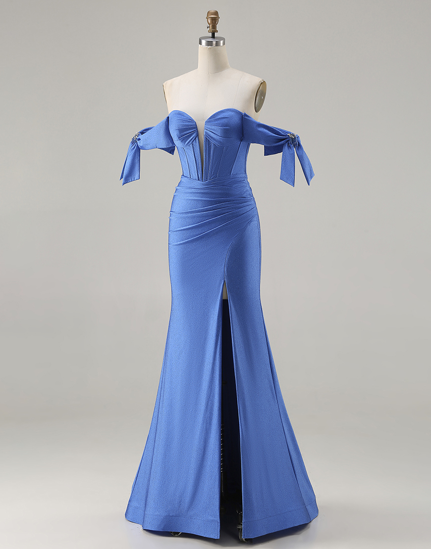 Sparkly Royal Blue Corset Beaded Long Mermaid Prom Dress with Slit