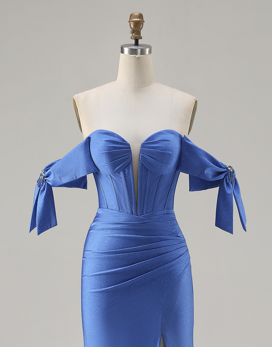 Sparkly Royal Blue Corset Beaded Long Mermaid Prom Dress with Slit