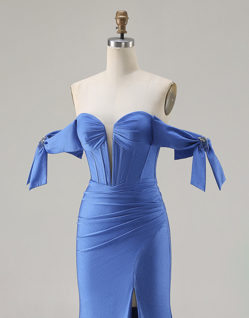 Sparkly Royal Blue Corset Beaded Long Mermaid Prom Dress with Slit