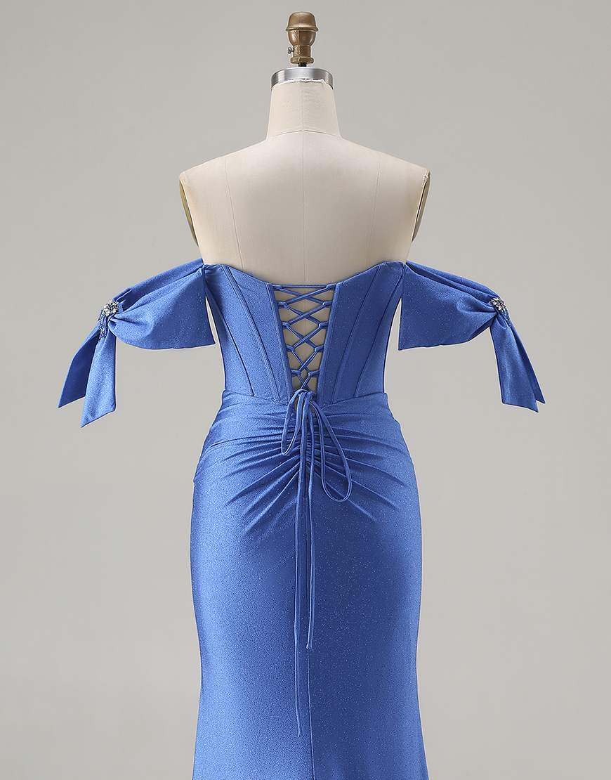 Sparkly Royal Blue Corset Beaded Long Mermaid Prom Dress with Slit