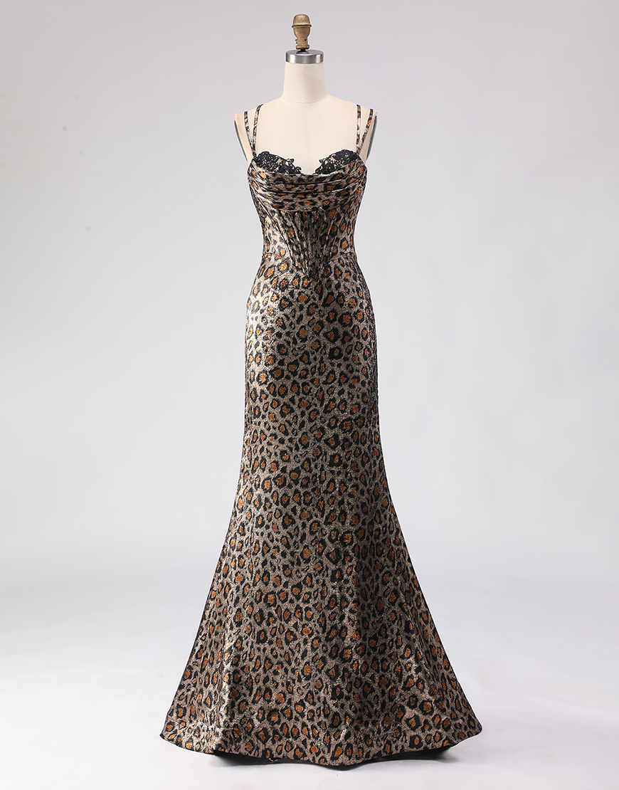 Sparkly Khaki Corset Leopard Print Long Mermaid Prom Dress with Beading