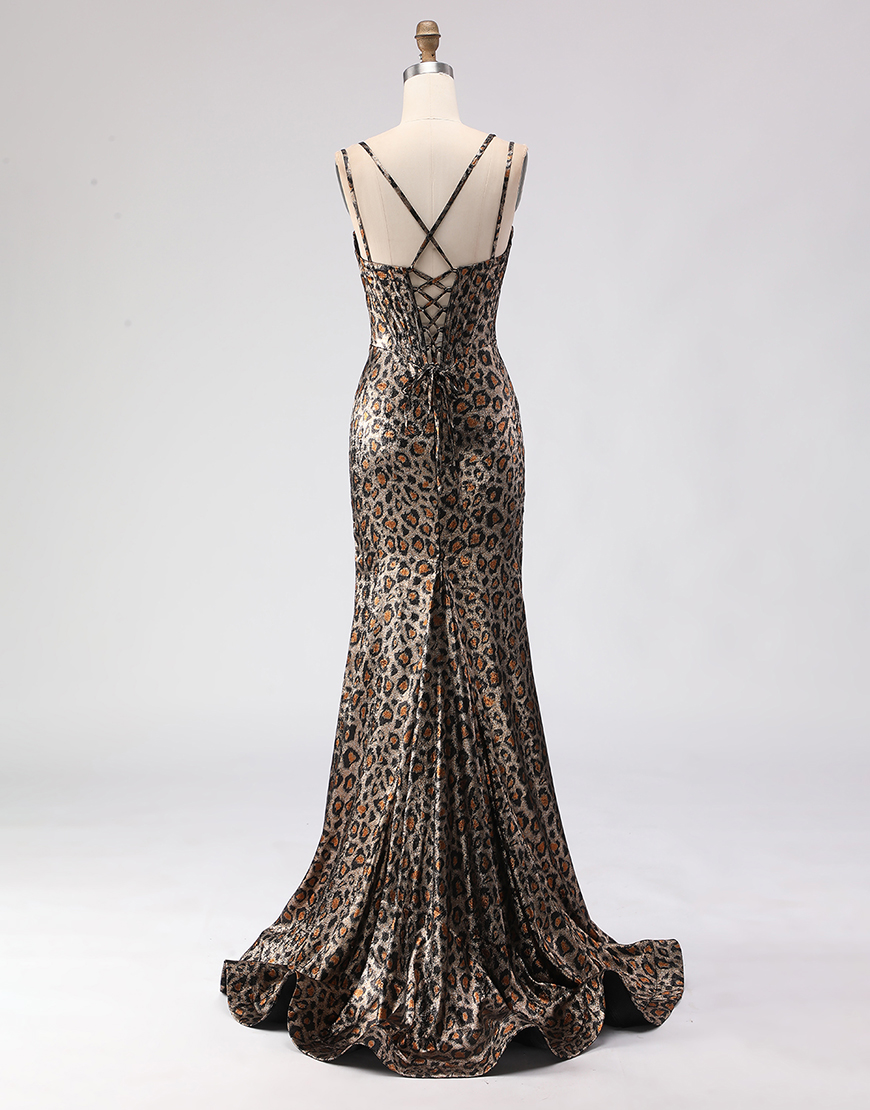 Sparkly Khaki Corset Leopard Print Long Mermaid Prom Dress with Beading