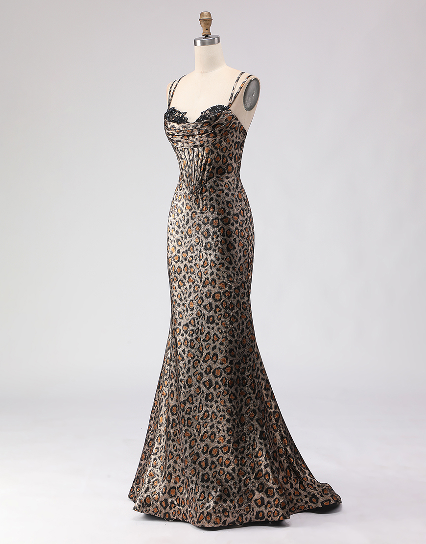 Sparkly Khaki Corset Leopard Print Long Mermaid Prom Dress with Beading