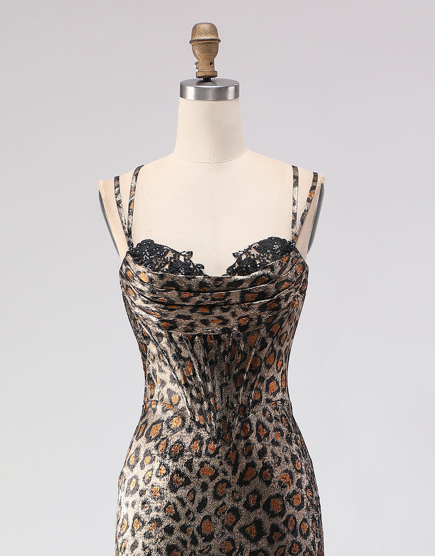 Sparkly Khaki Corset Leopard Print Long Mermaid Prom Dress with Beading