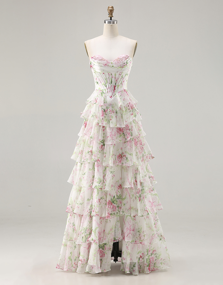 Pink Corset Tiered Floral Ruffled Long A Line Prom Dress with Slit