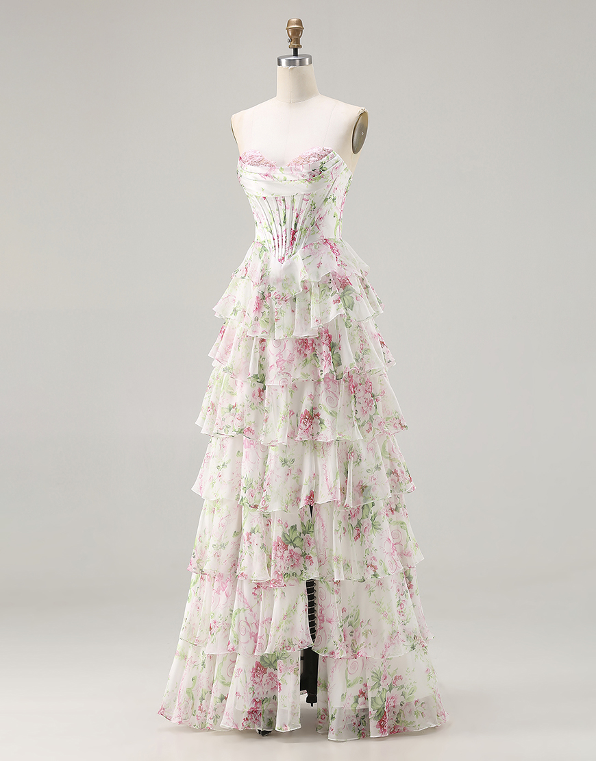 Pink Corset Tiered Floral Ruffled Long A Line Prom Dress with Slit