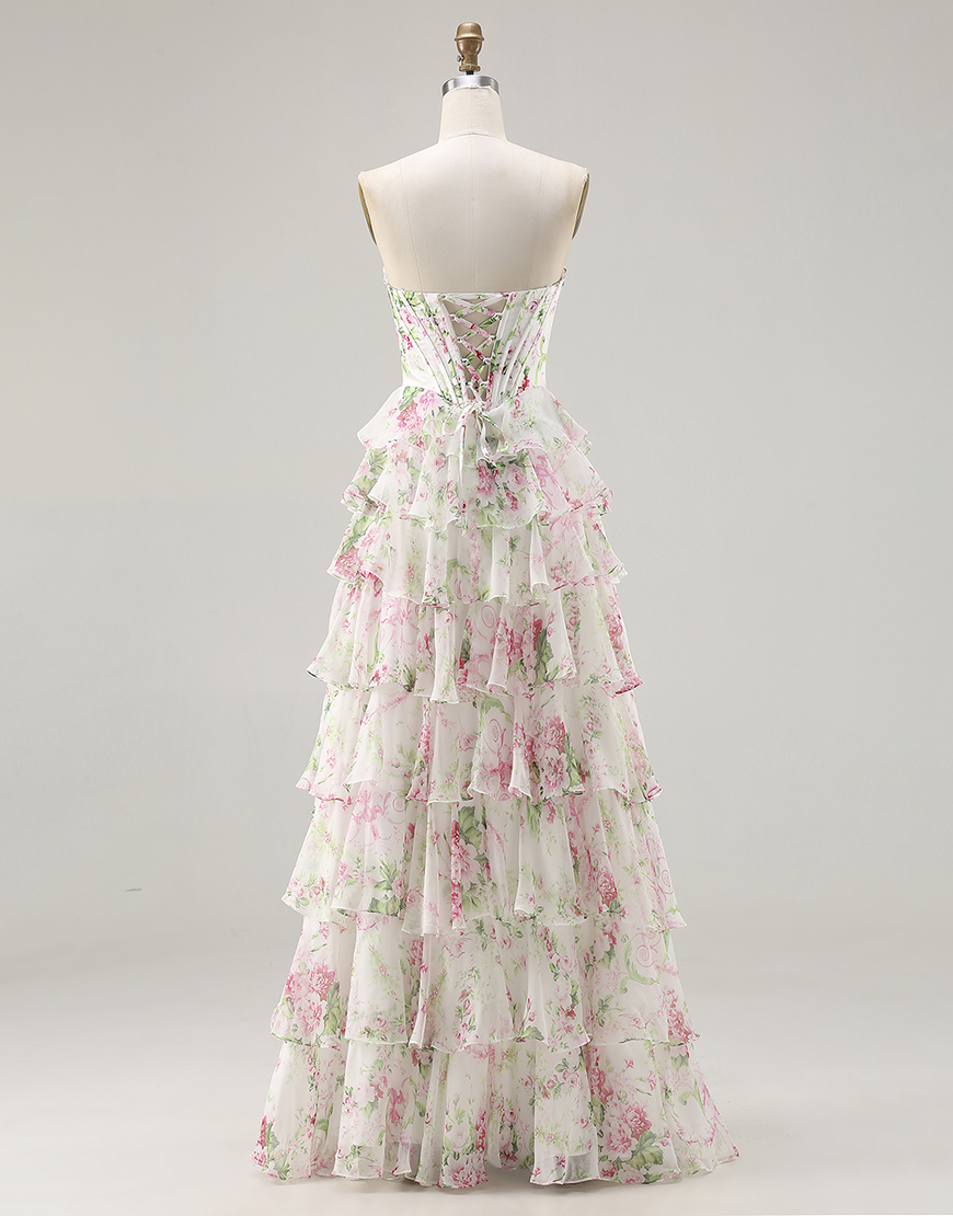 Pink Corset Tiered Floral Ruffled Long A Line Prom Dress with Slit