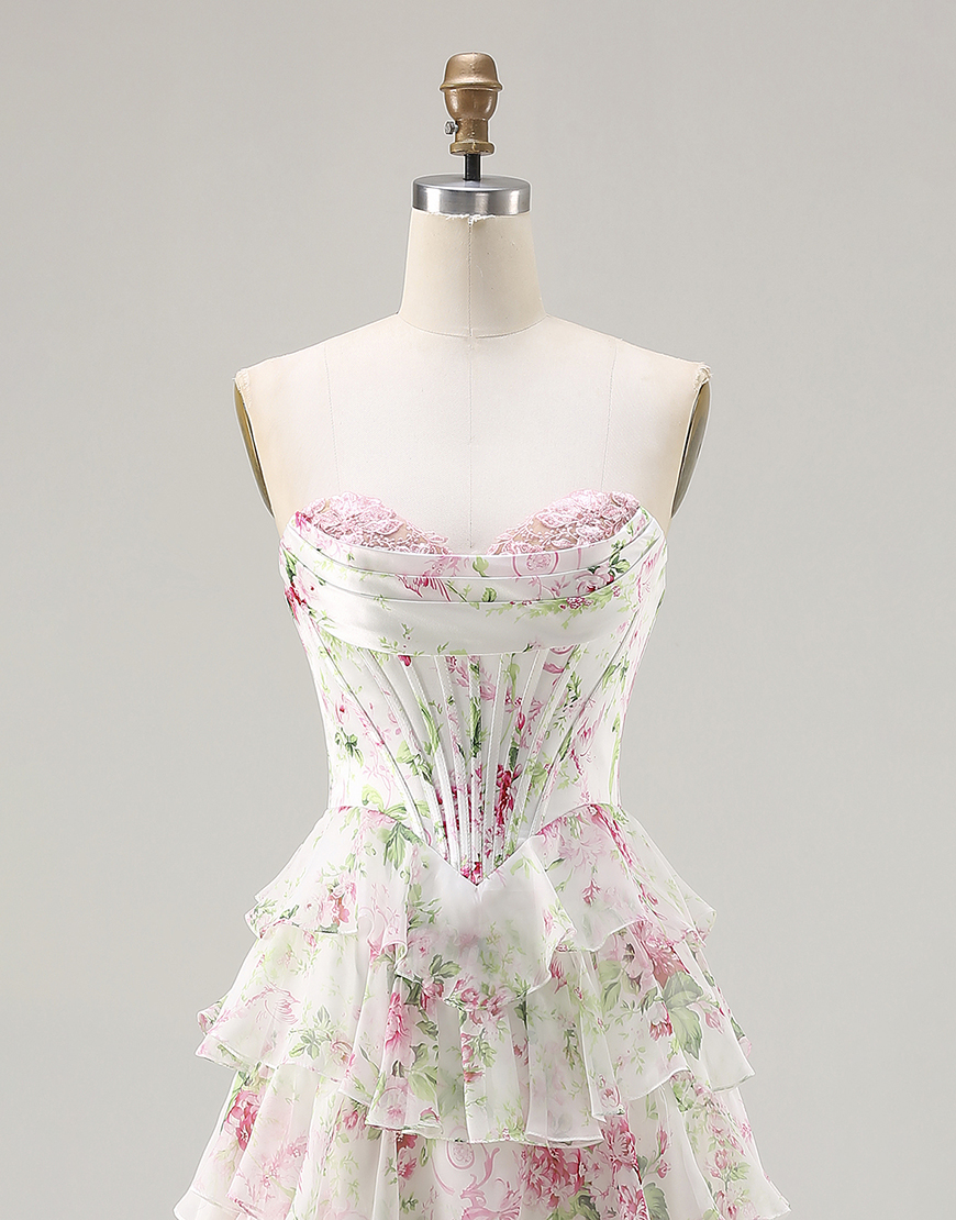 Pink Corset Tiered Floral Ruffled Long A Line Prom Dress with Slit
