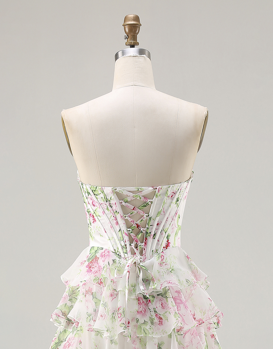 Pink Corset Tiered Floral Ruffled Long A Line Prom Dress with Slit