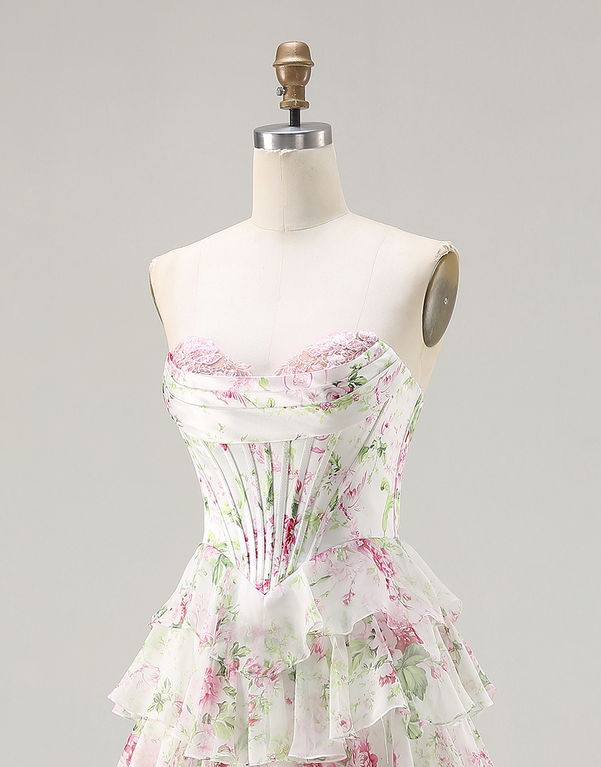 Pink Corset Tiered Floral Ruffled Long A Line Prom Dress with Slit