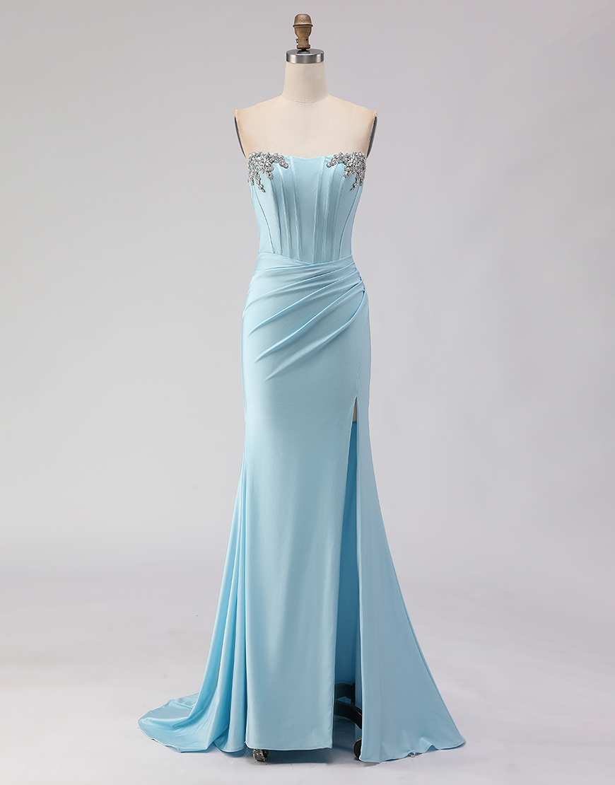 Sparkly Sky Blue Corset Beaded Ruched Long Prom Dress with Slit