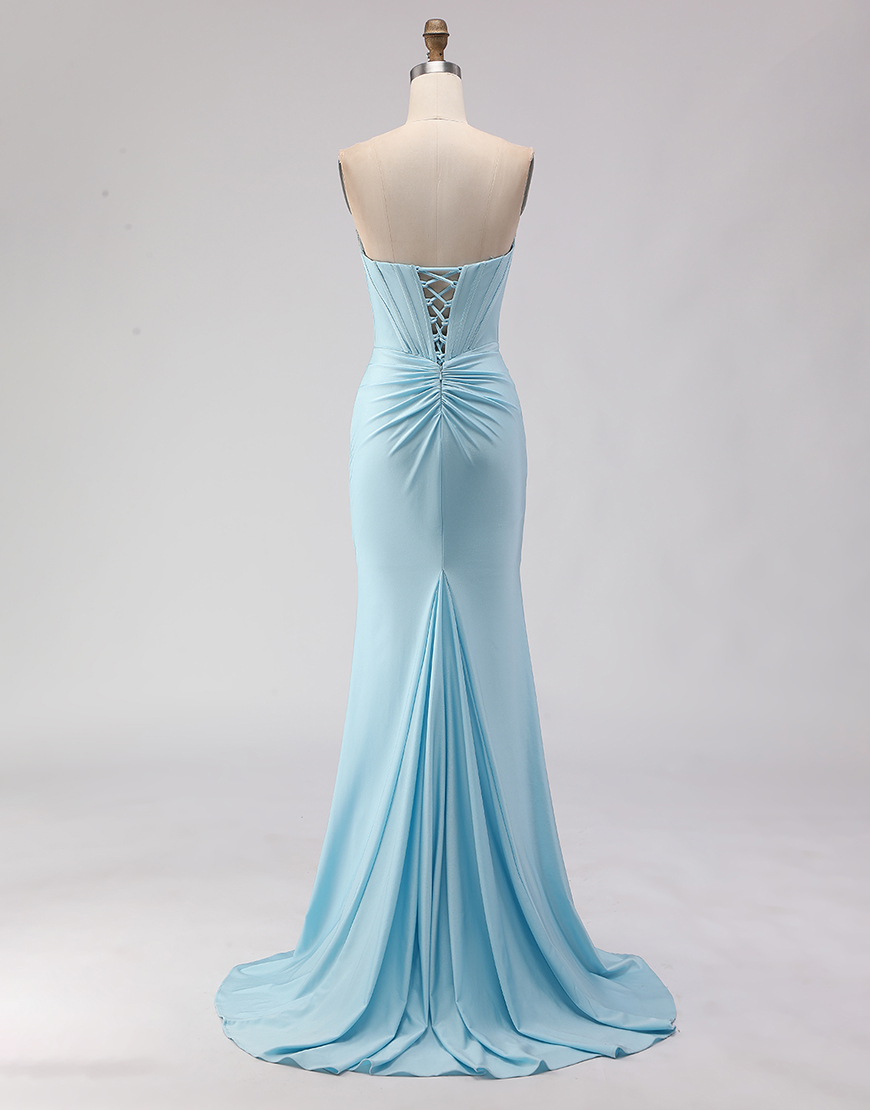 Sparkly Sky Blue Corset Beaded Ruched Long Prom Dress with Slit
