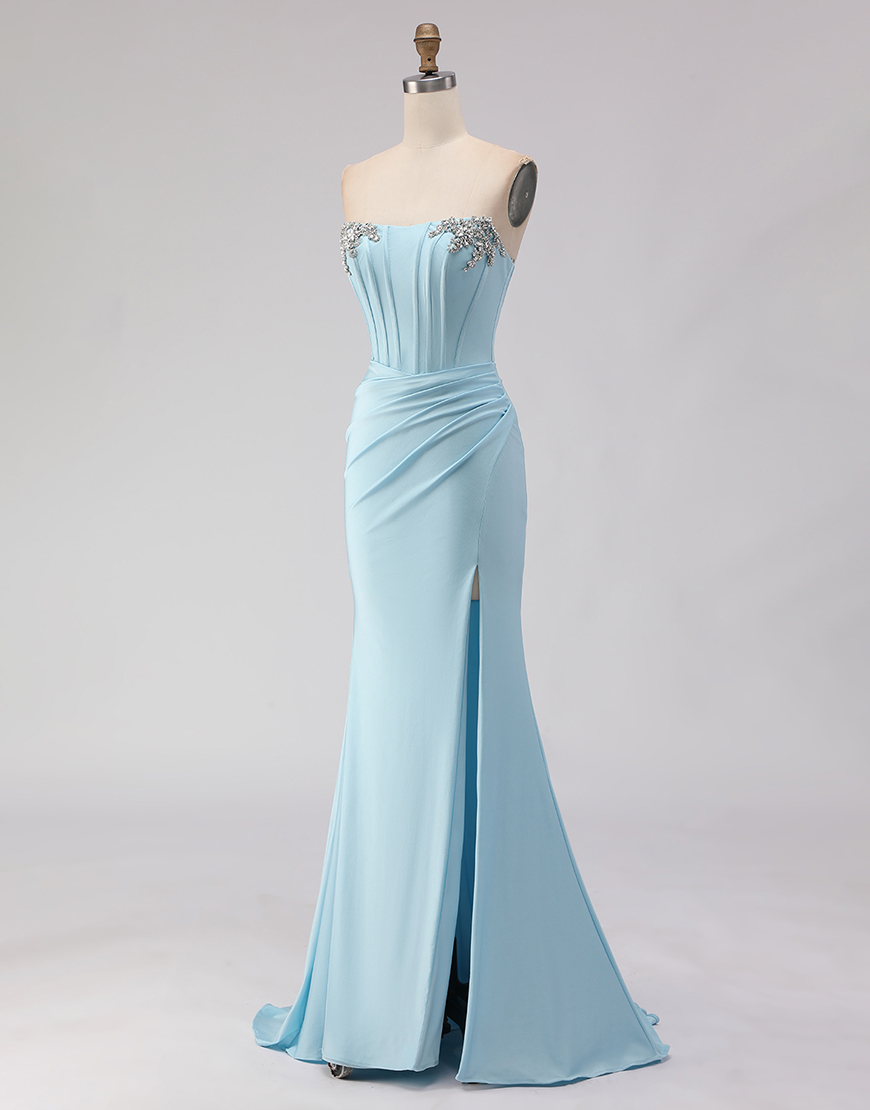 Sparkly Sky Blue Corset Beaded Ruched Long Prom Dress with Slit