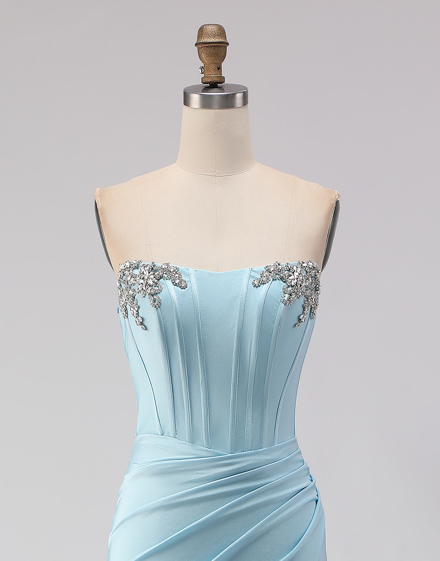 Sparkly Sky Blue Corset Beaded Ruched Long Prom Dress with Slit