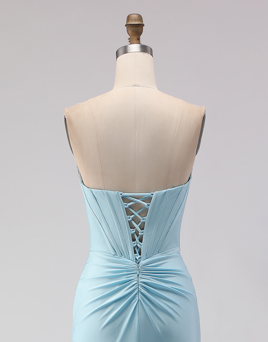 Sparkly Sky Blue Corset Beaded Ruched Long Prom Dress with Slit