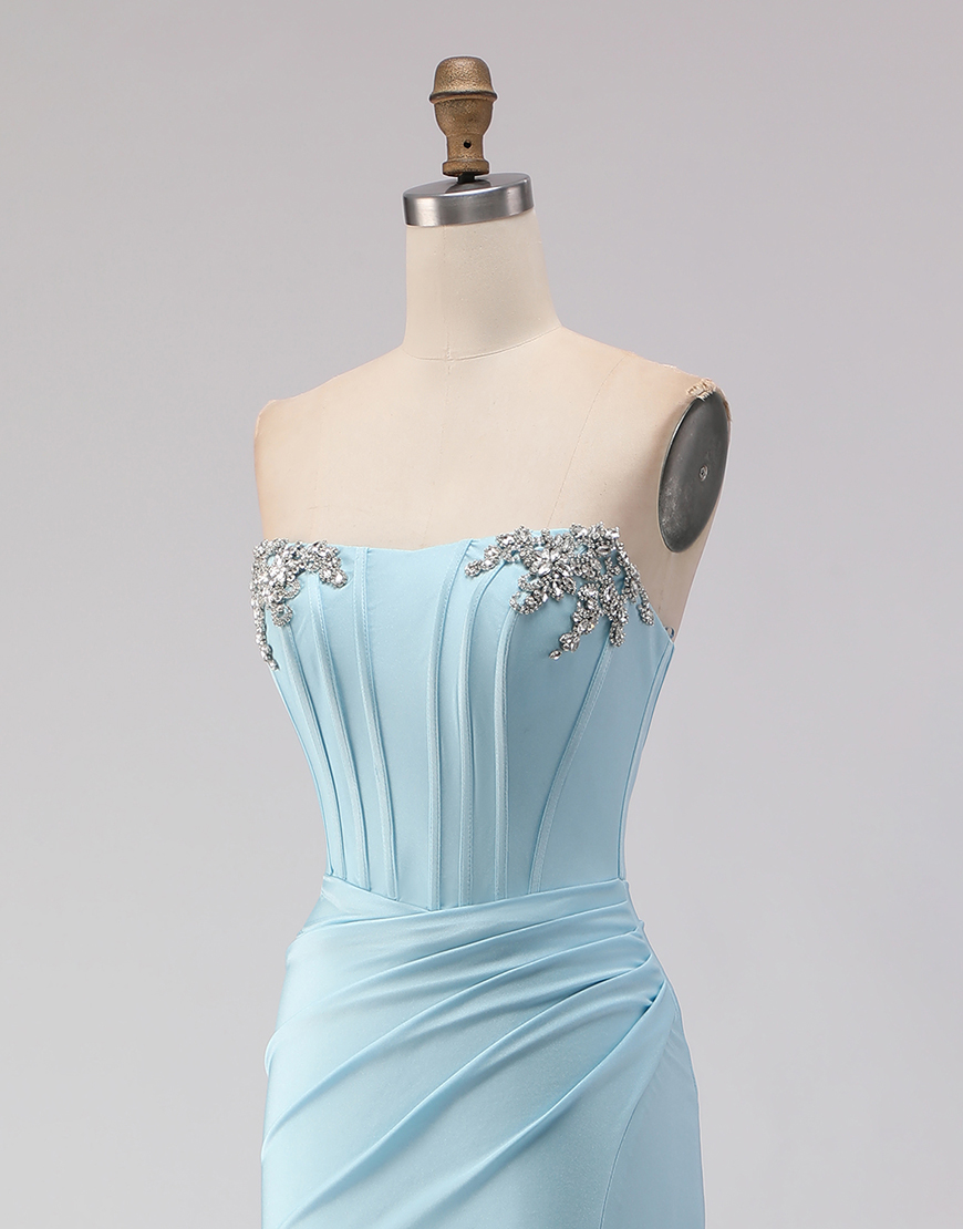 Sparkly Sky Blue Corset Beaded Ruched Long Prom Dress with Slit
