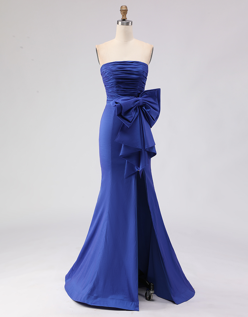 Royal Blue Satin Mermaid Strapless Long Prom Dress with Slit