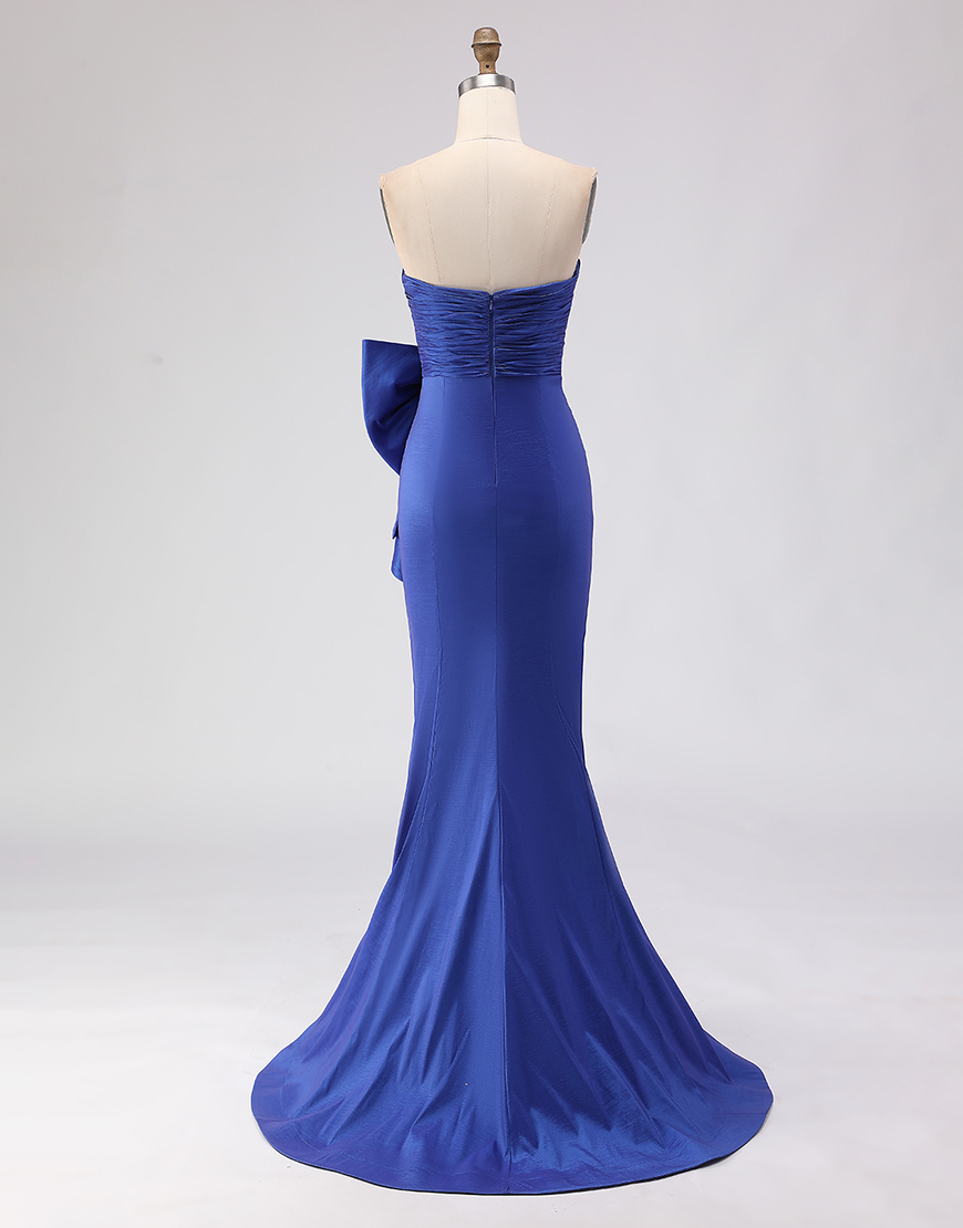 Royal Blue Satin Mermaid Strapless Long Prom Dress with Slit