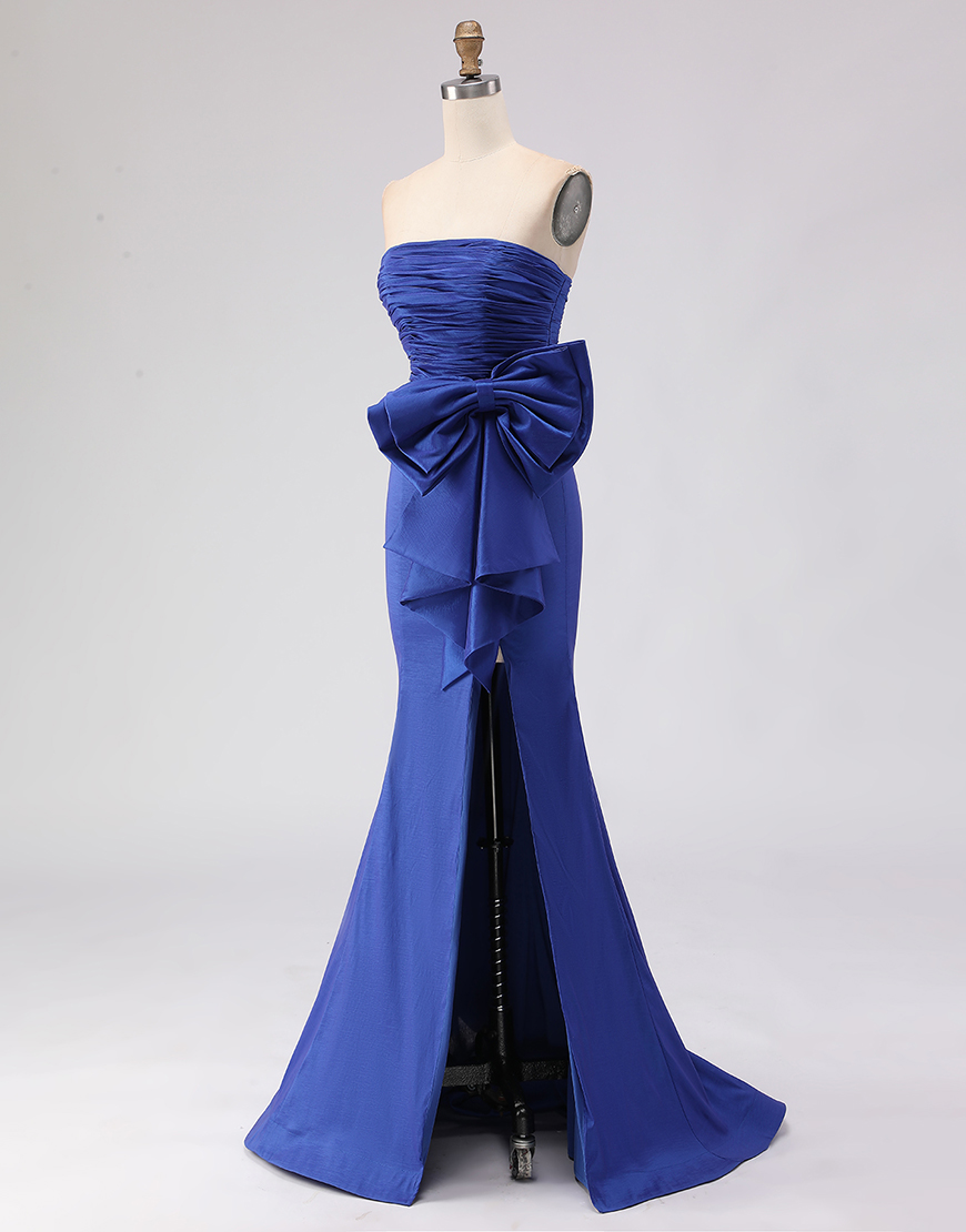 Royal Blue Satin Mermaid Strapless Long Prom Dress with Slit