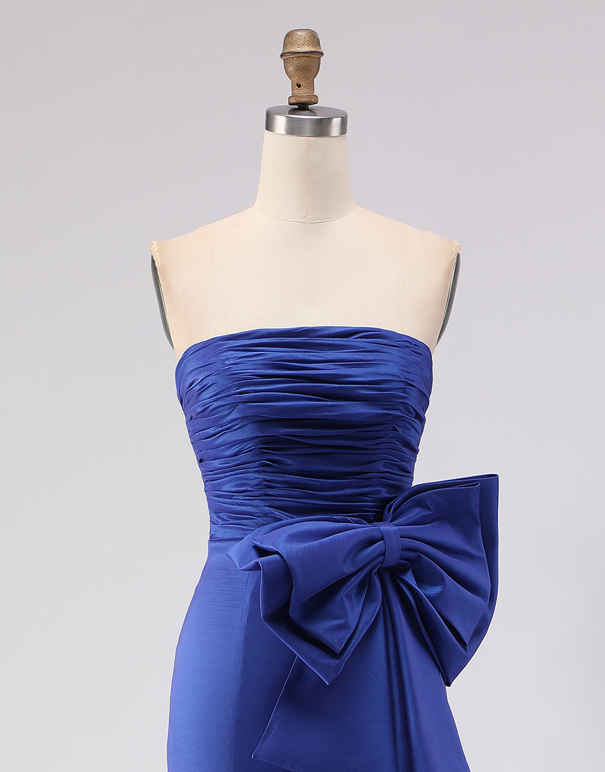 Royal Blue Satin Mermaid Strapless Long Prom Dress with Slit