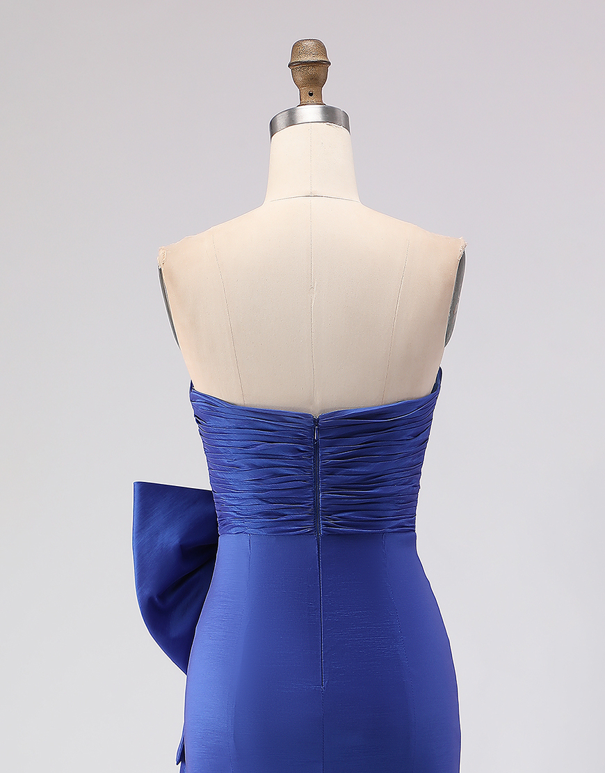 Royal Blue Satin Mermaid Strapless Long Prom Dress with Slit