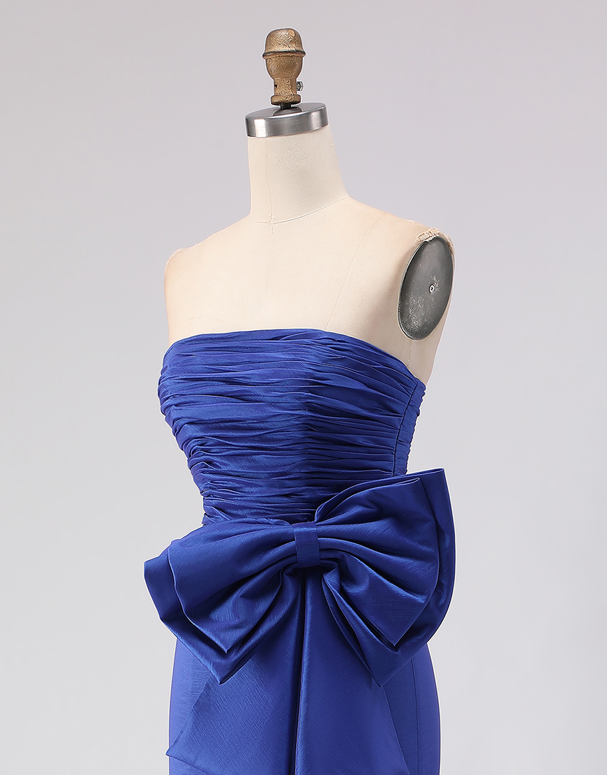 Royal Blue Satin Mermaid Strapless Long Prom Dress with Slit