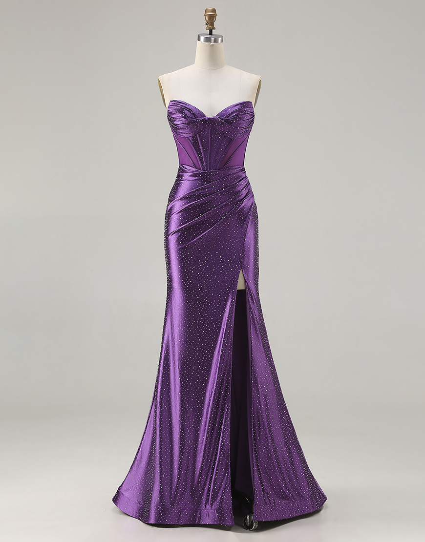Sparkly Dark Purple Beaded Corset Mermaid Long Prom Dress with Slit