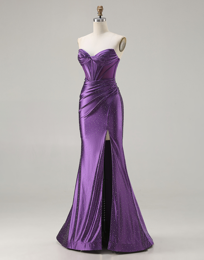 Sparkly Dark Purple Beaded Corset Mermaid Long Prom Dress with Slit