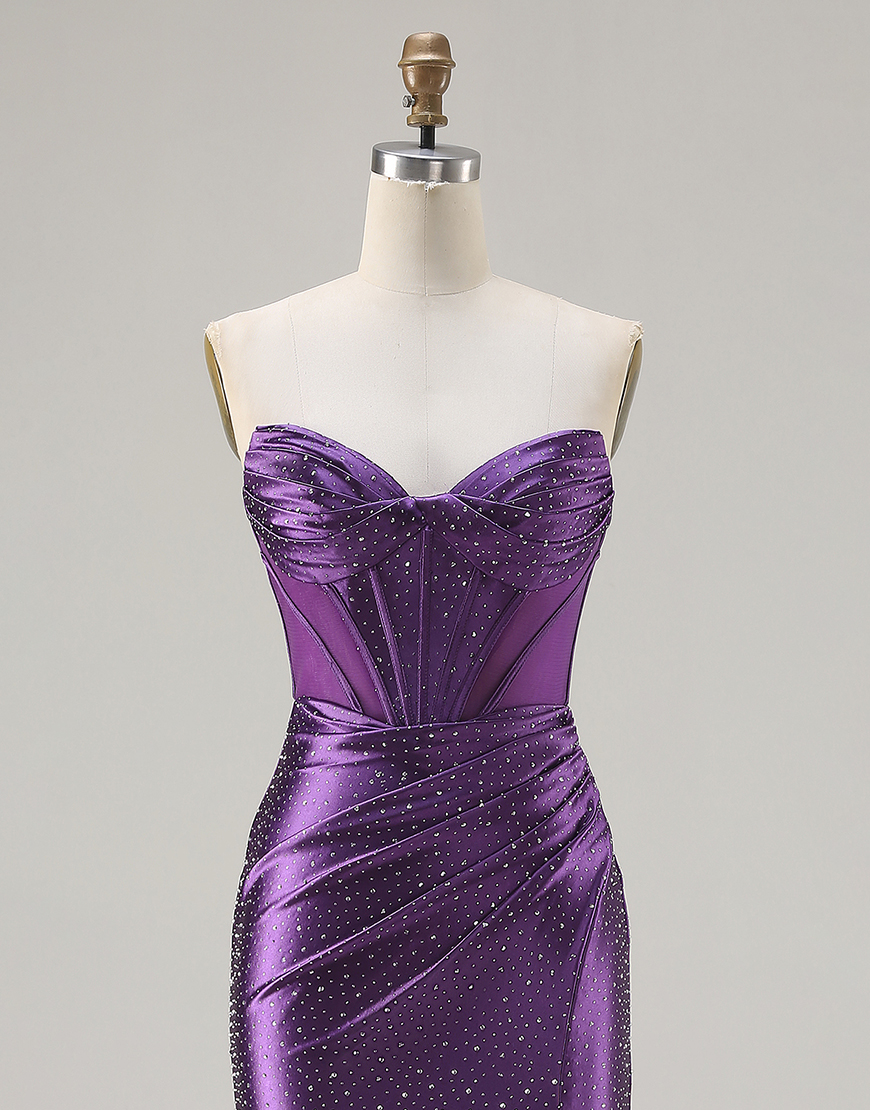 Sparkly Dark Purple Beaded Corset Mermaid Long Prom Dress with Slit