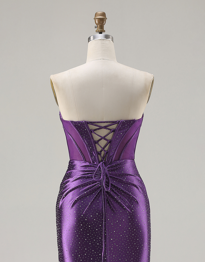 Sparkly Dark Purple Beaded Corset Mermaid Long Prom Dress with Slit