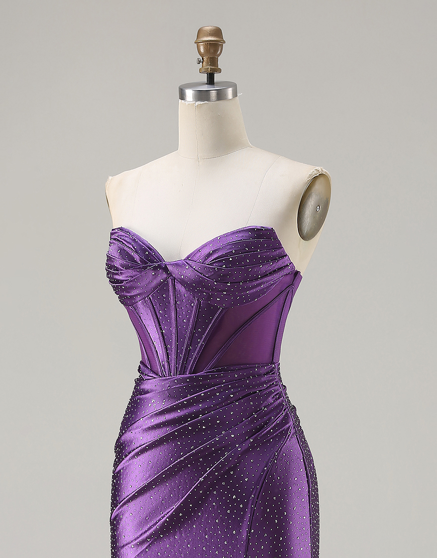 Sparkly Dark Purple Beaded Corset Mermaid Long Prom Dress with Slit