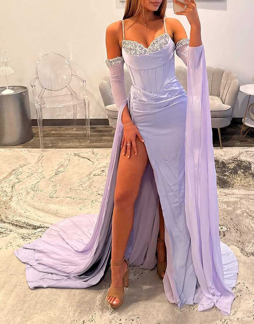 Sparkly Beaded Lilac Corset Long Mermaid Prom Dress with Slit