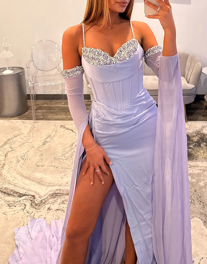 Sparkly Beaded Lilac Corset Long Mermaid Prom Dress with Slit