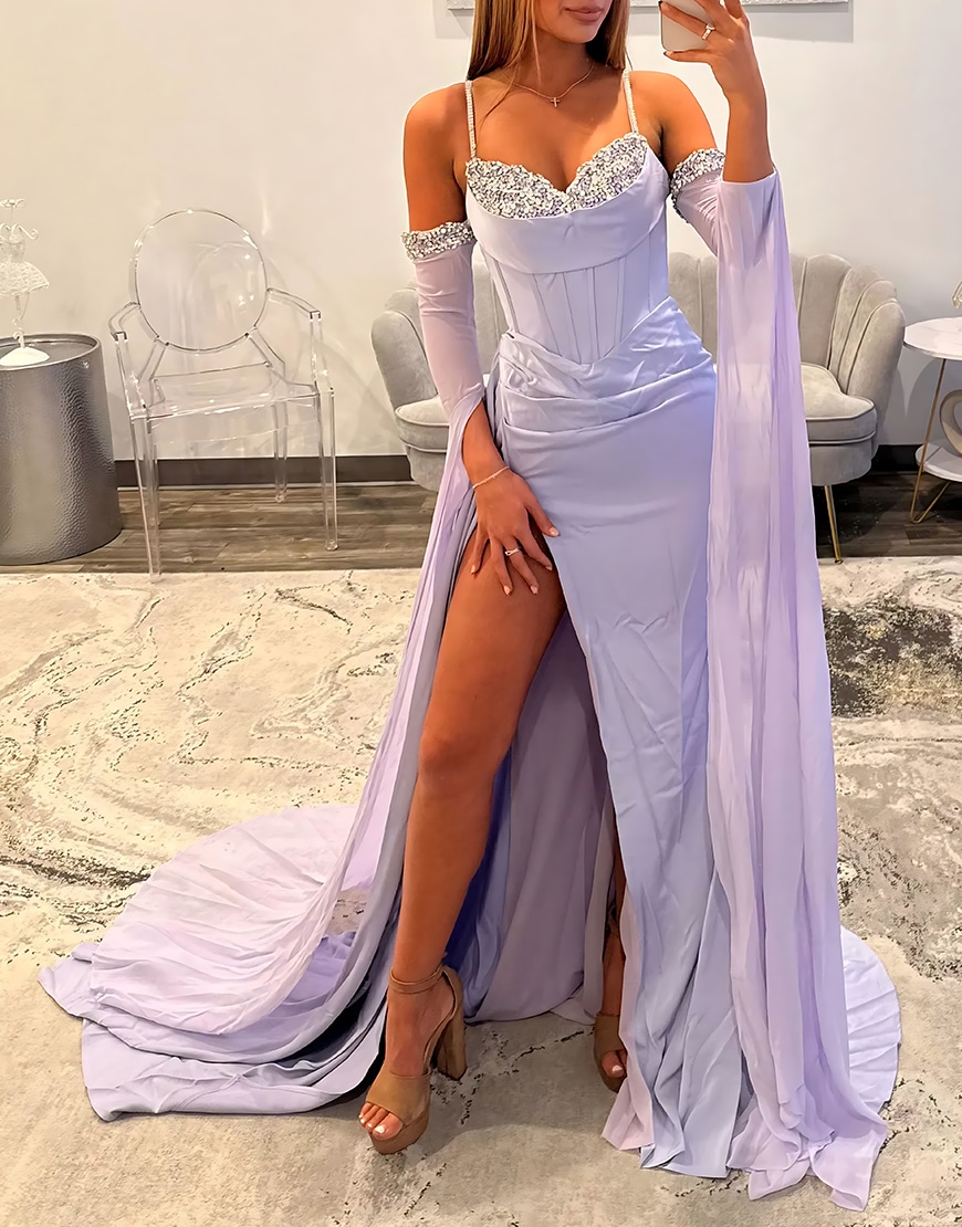 Sparkly Beaded Lilac Corset Long Mermaid Prom Dress with Slit