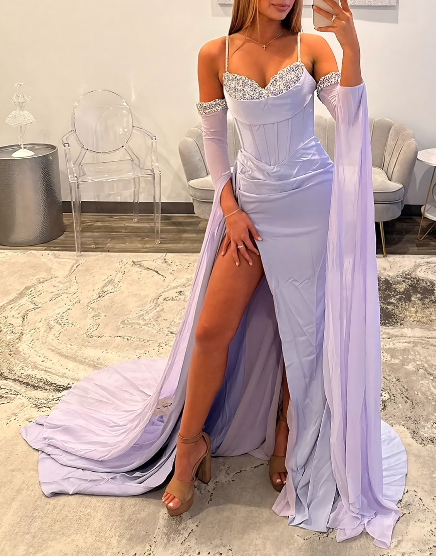 Sparkly Beaded Lilac Corset Long Mermaid Prom Dress with Slit
