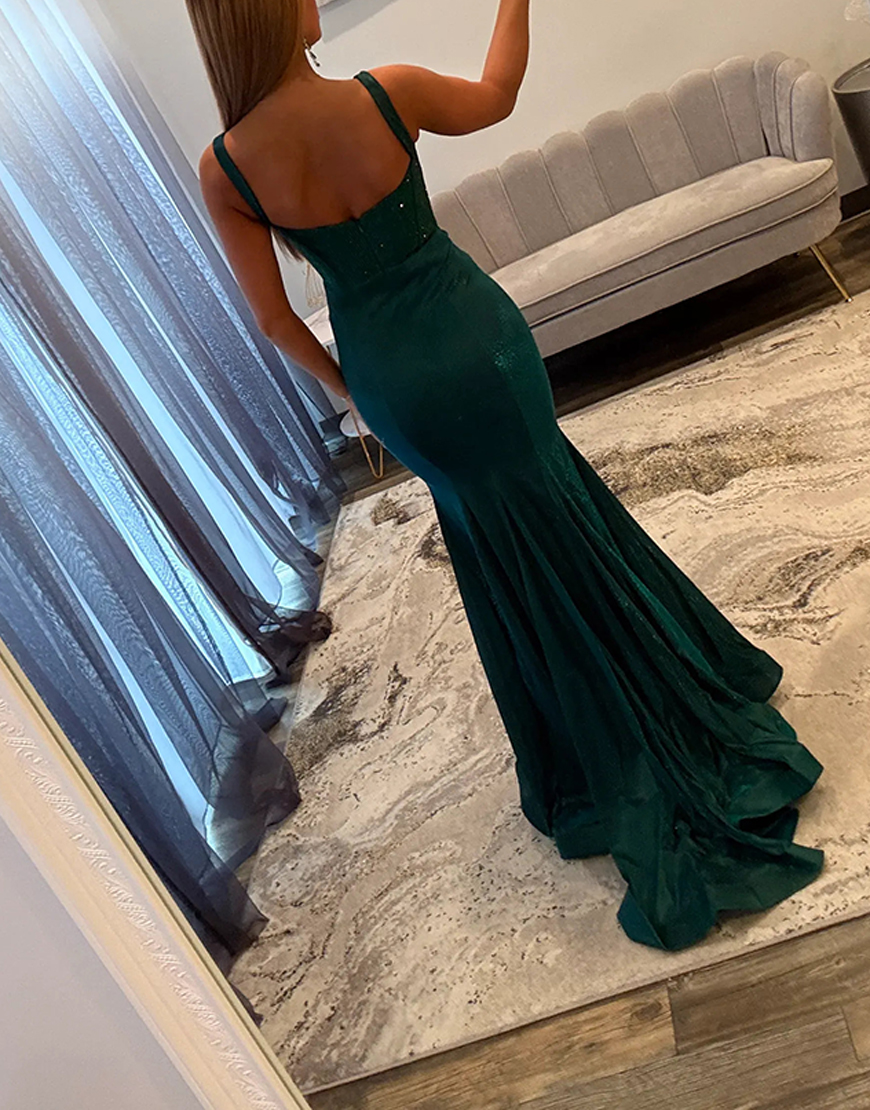 Sparkly Dark Green Mermaid Corset V-Neck Long Prom Dress with Beading