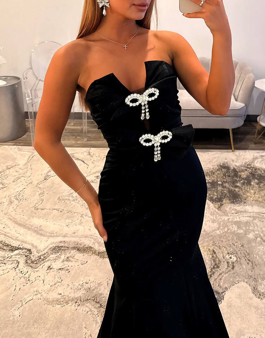 Sparkly Fuchsia Mermaid Strapless Long Prom Dress with Bows