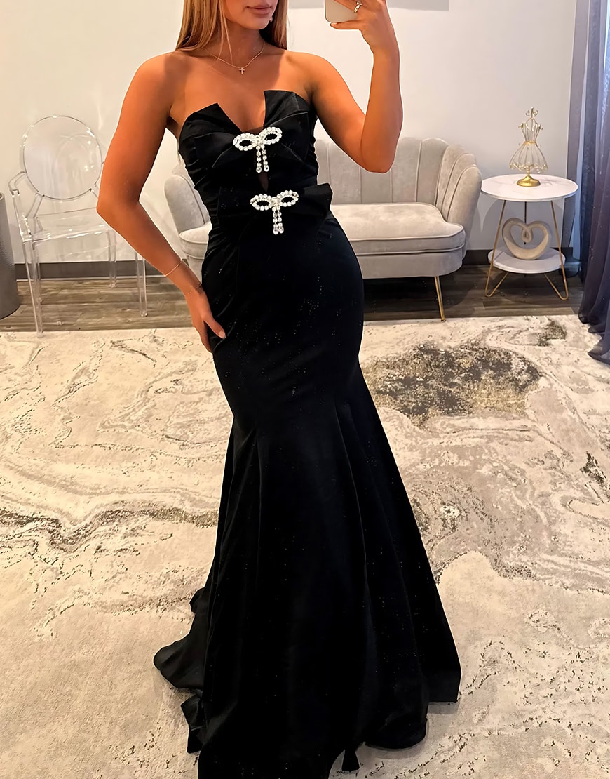 Sparkly Fuchsia Mermaid Strapless Long Prom Dress with Bows