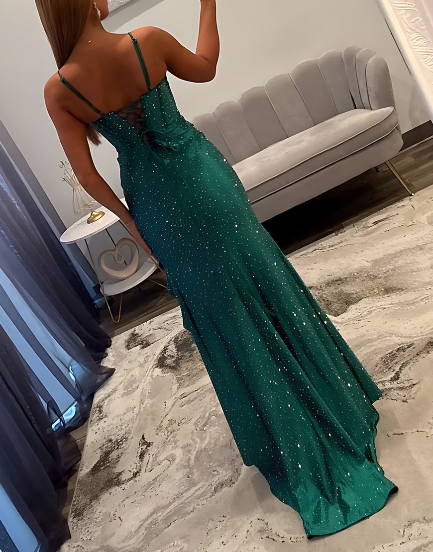Sparkly Emerald Green Beaded Ruffled Corset Long Prom Dress with Slit