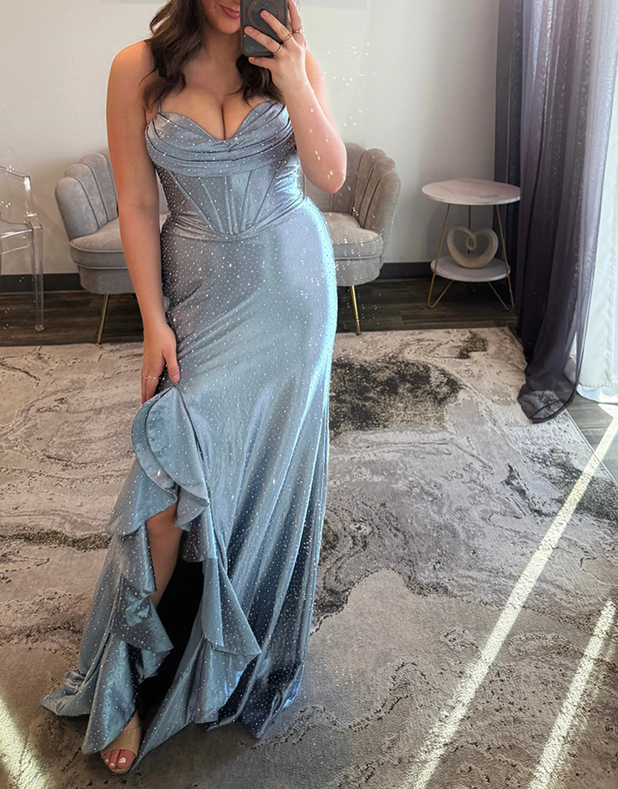 Sparkly Emerald Green Beaded Ruffled Corset Long Prom Dress with Slit