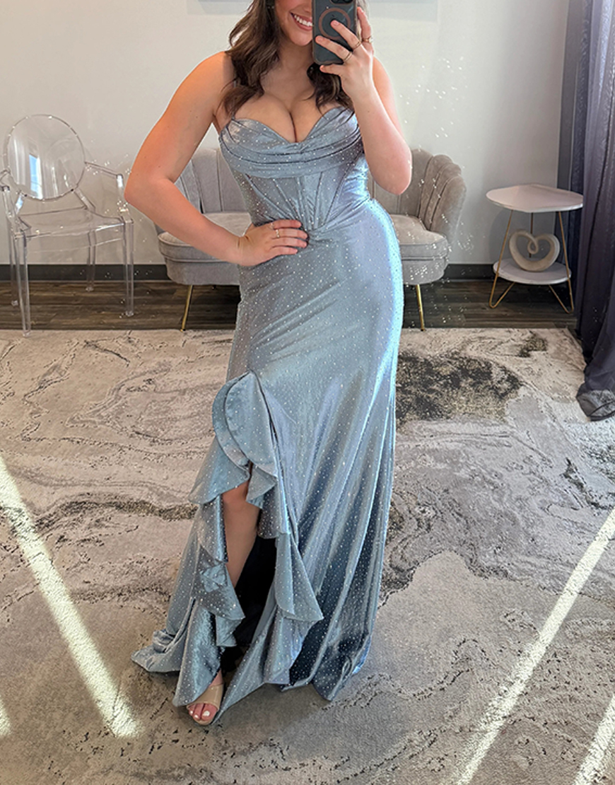 Sparkly Emerald Green Beaded Ruffled Corset Long Prom Dress with Slit