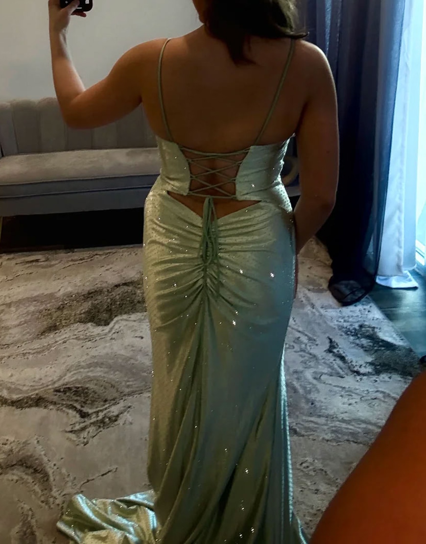 Sparkly Light Green Mermaid Cut Out Beaded Satin Long Prom Dress with Slit