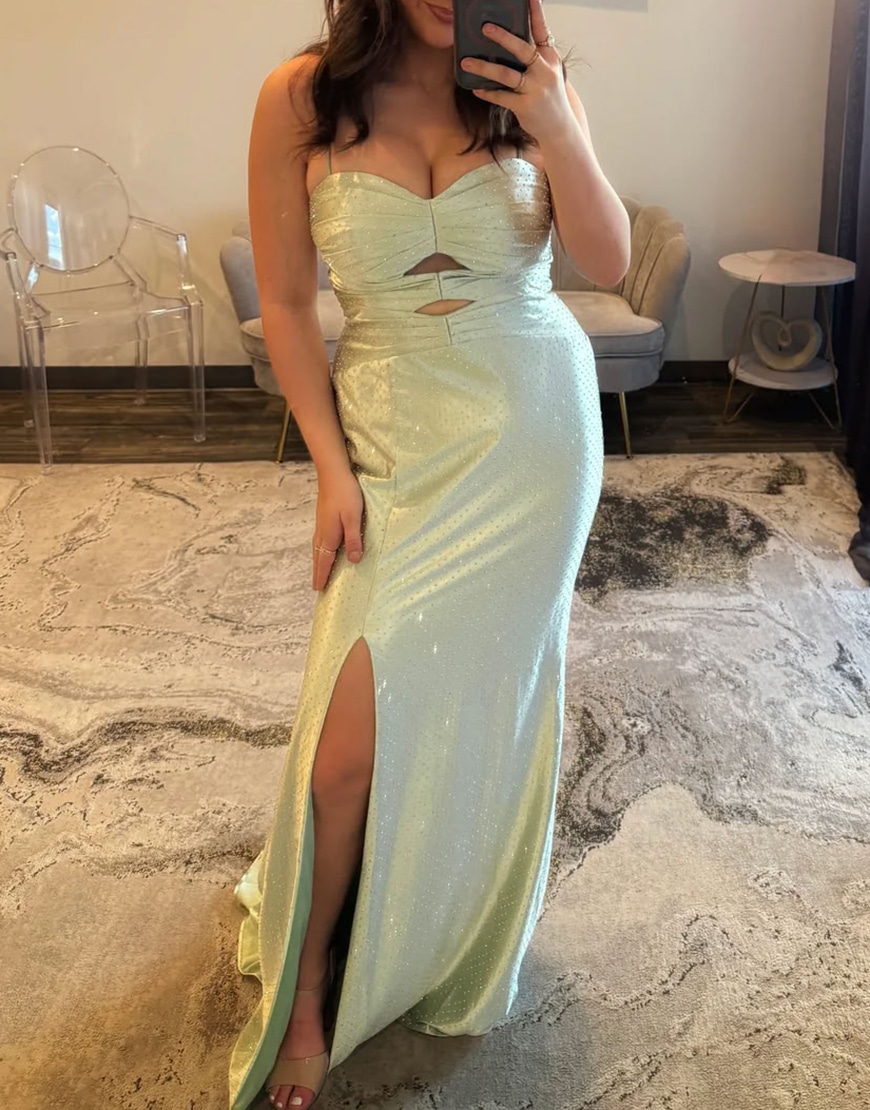 Sparkly Light Green Mermaid Cut Out Beaded Satin Long Prom Dress with Slit