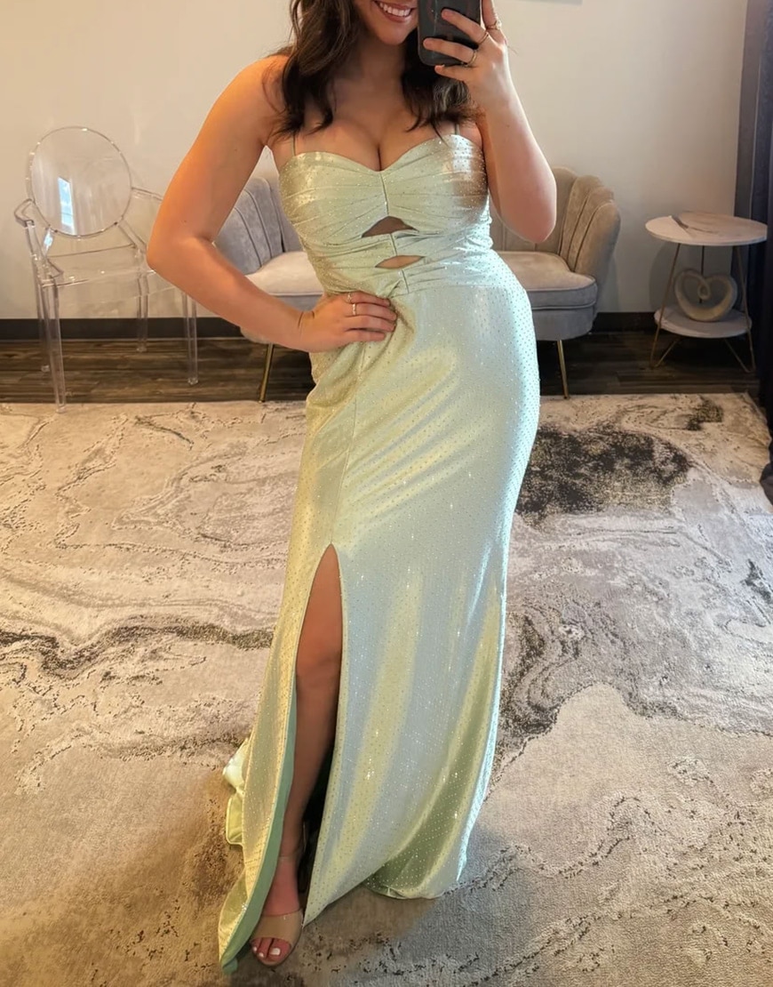 Sparkly Light Green Mermaid Cut Out Beaded Satin Long Prom Dress with Slit