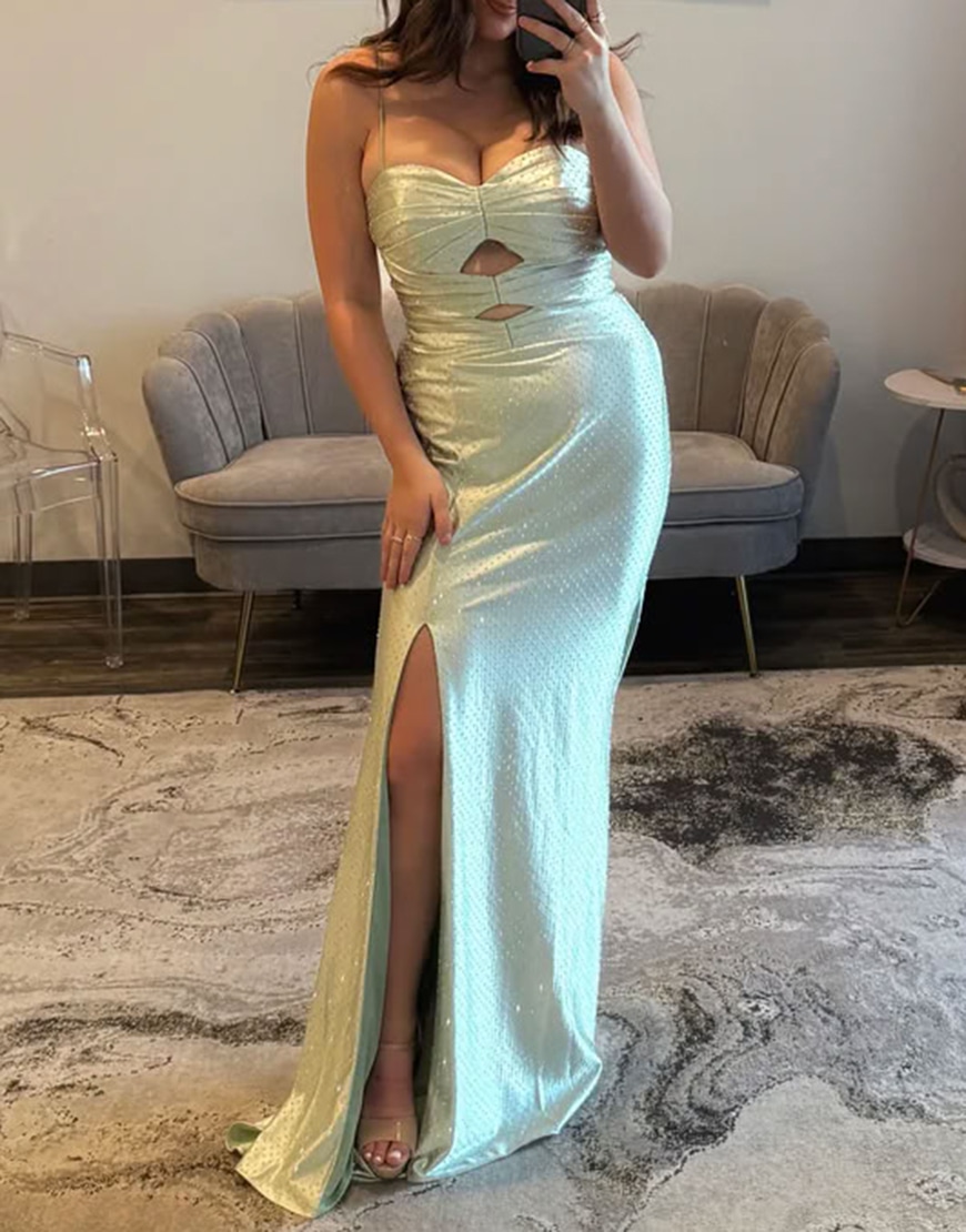 Sparkly Light Green Mermaid Cut Out Beaded Satin Long Prom Dress with Slit
