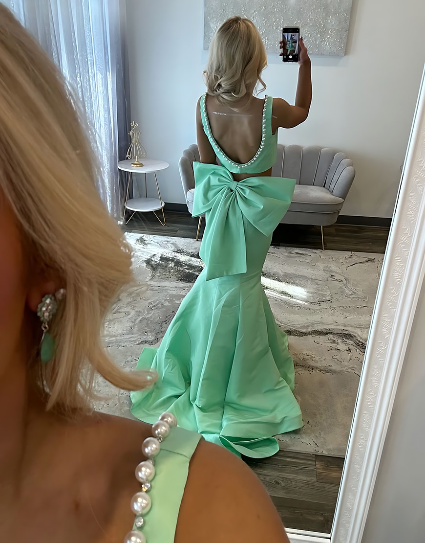 Sparkly Green Corset 2 Piece Mermaid Long Prom Dress with Bow