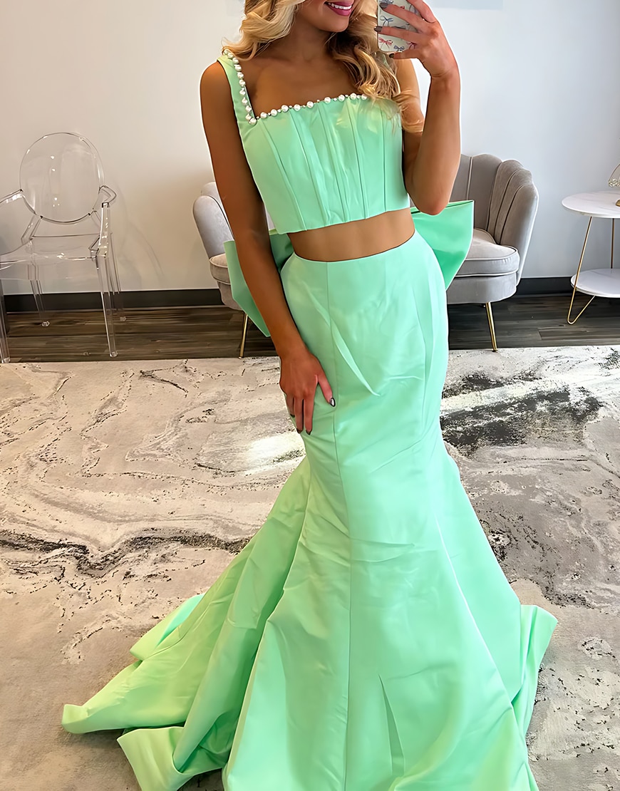 Sparkly Green Corset 2 Piece Mermaid Long Prom Dress with Bow