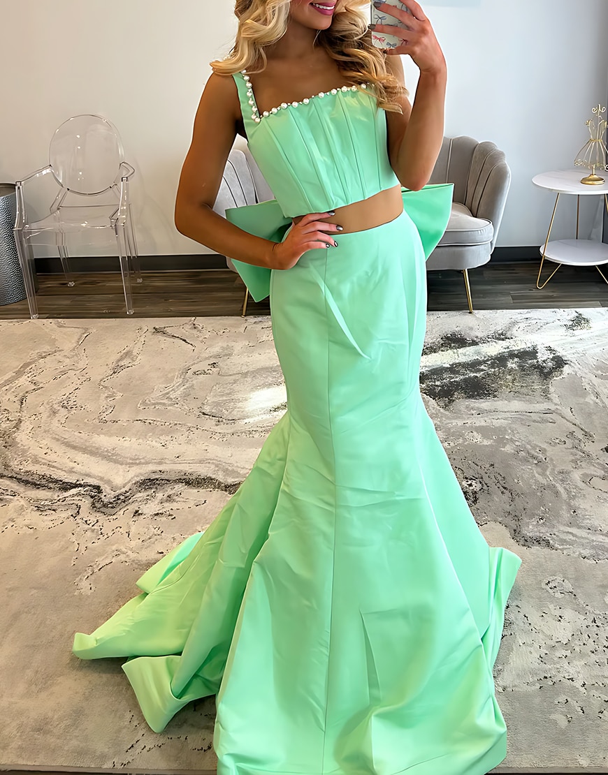 Sparkly Green Corset 2 Piece Mermaid Long Prom Dress with Bow