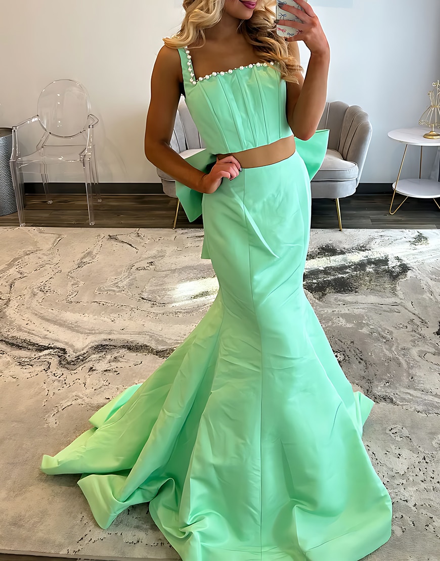 Sparkly Green Corset 2 Piece Mermaid Long Prom Dress with Bow