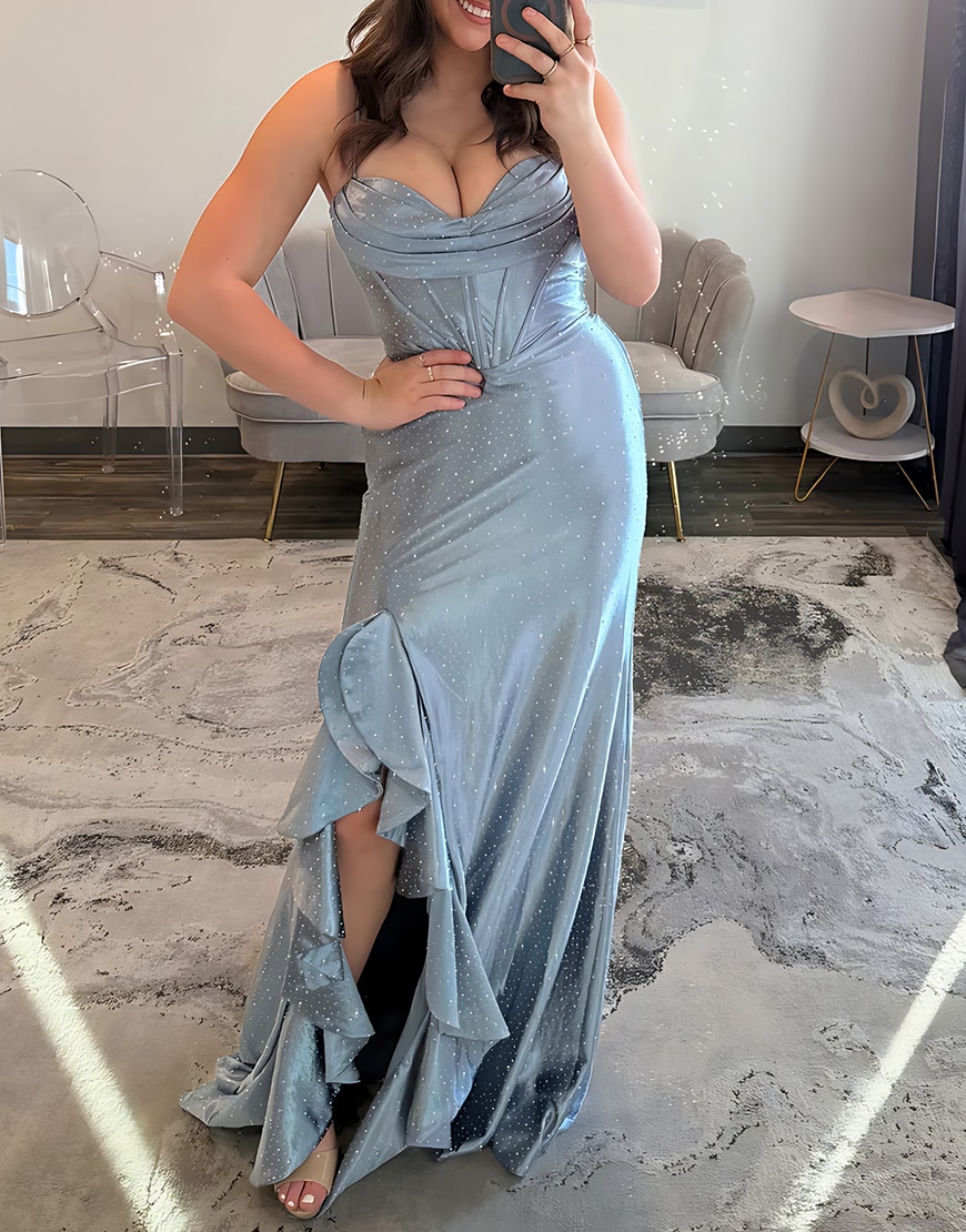 Sparkly Corset Grey Blue Mermaid Ruffled Satin Long Prom Dress with Slit